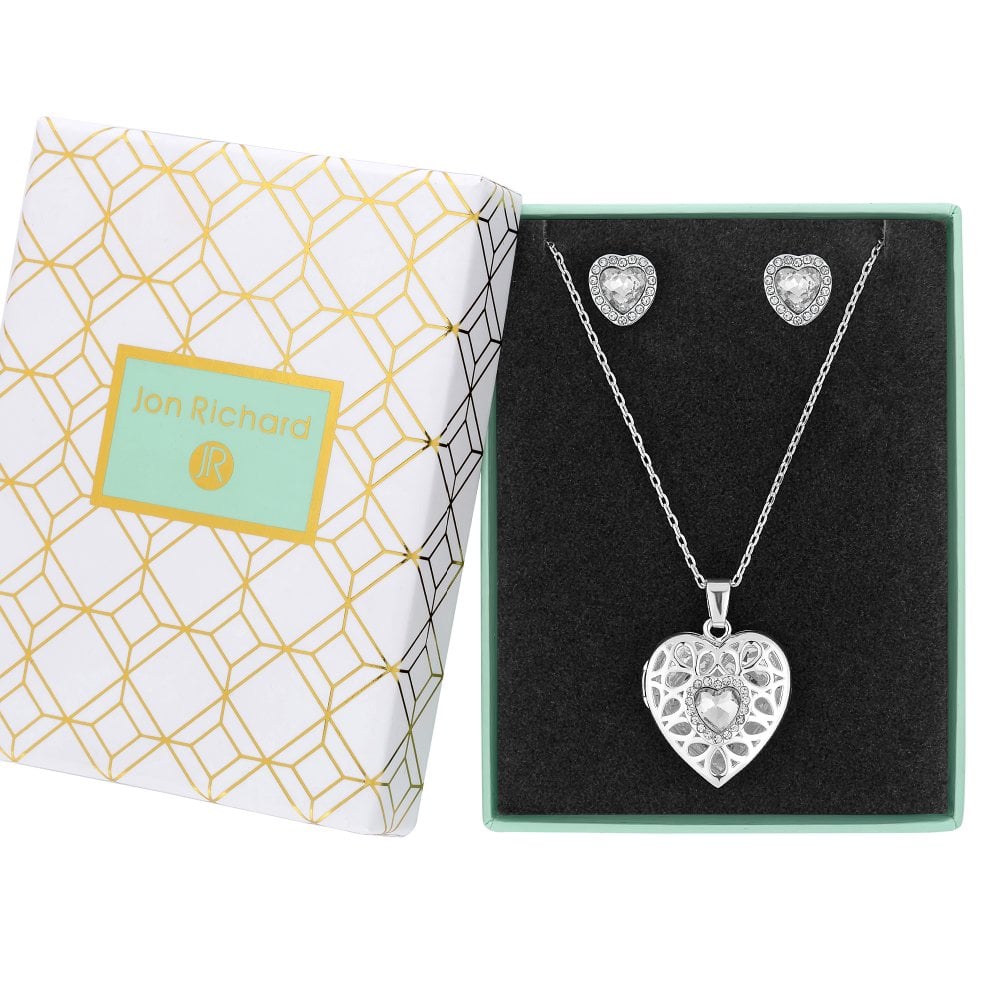 Silver Plated Crystal Filagree Heart Locket Set - Gift Boxed