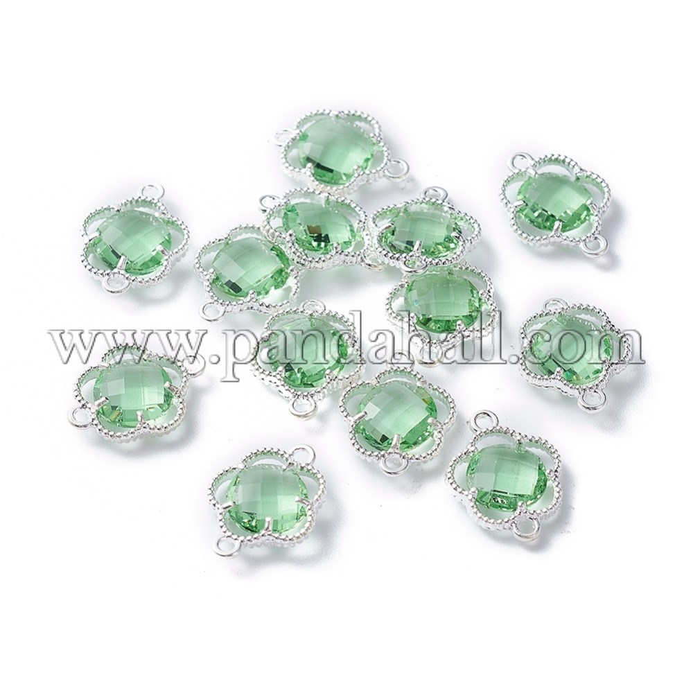 Glass Links/Connectors, with Environmental Alloy Open Back Berzel Findings, Faceted, Flower, Silver, Aquamarine, 15.5x12x3mm, Hole: 1.4mm