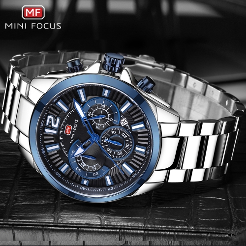 MINI FOCUS Fashion Stainless Steel Men Sport Watch 3ATM Water-resistant Quartz Luminous Wristwatch Man Relogio Musculino Chronograph