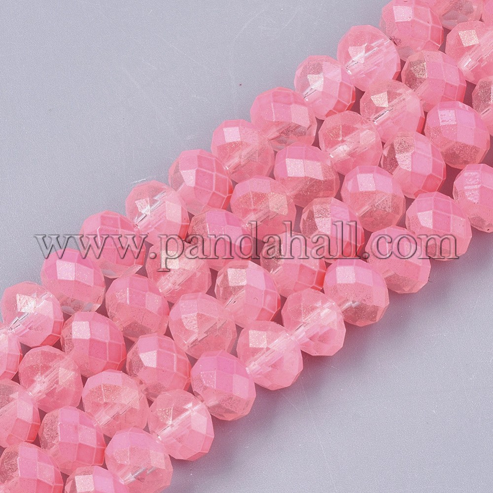 Spray Painted Glass Beads Strands, with Silver Glitter, Faceted, Rondelle, HotPink, 8x6mm, Hole: 1.2mm; about 72pcs/strand, 16.93''
