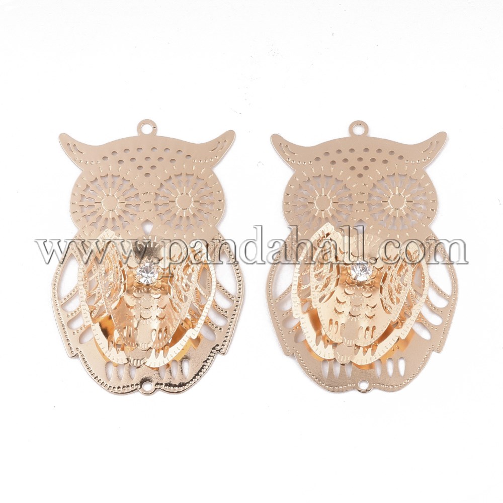 Brass Links/Connectors, with Crystal Rhinestone, Owl, Light Gold, 53.5x35x7mm, Hole: 2mm