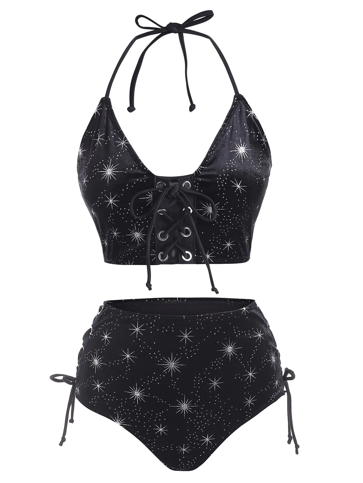 Sparkly Star Lace Up Velvet Tankini Swimwear