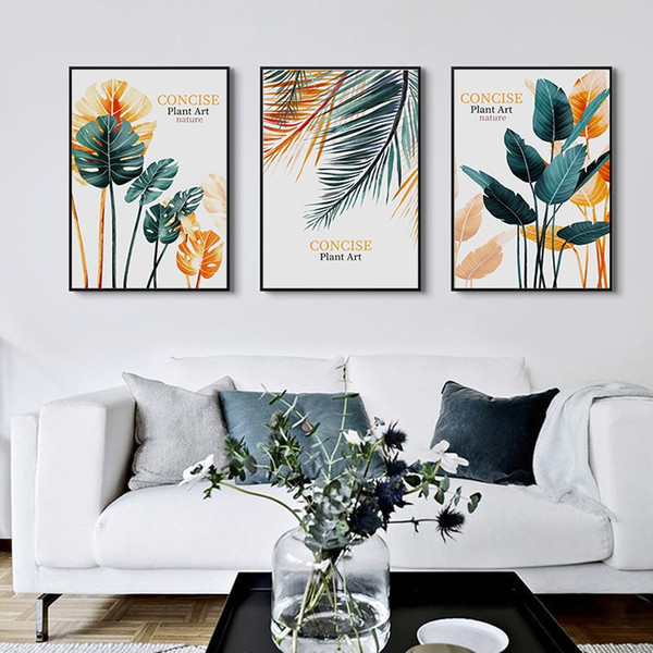 nordic concise plants leaf nature art canvas painting posters and print wall art pictures for living room home decor (no frame)