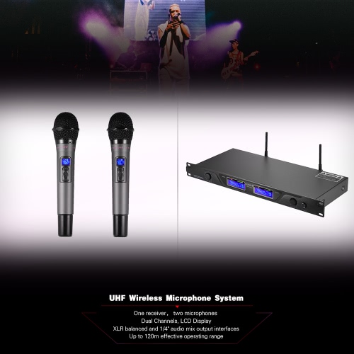 Professional UHF Wireless Microphone Mic System Dual Channels LCD Display Receiver 2 Handheld Microphones 6.35mm Audio Cable Power Adapter for Stage Karaoke Meeting Party