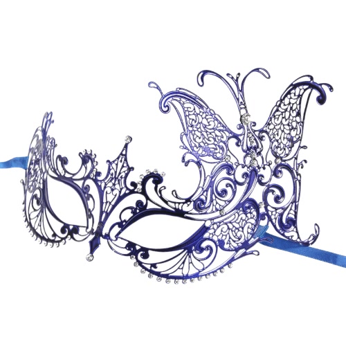 Festnight Luxury Butterfly Design Blue Laser Cut Metal Half Mask with Rhinestones Masquerade Ball Halloween Mask