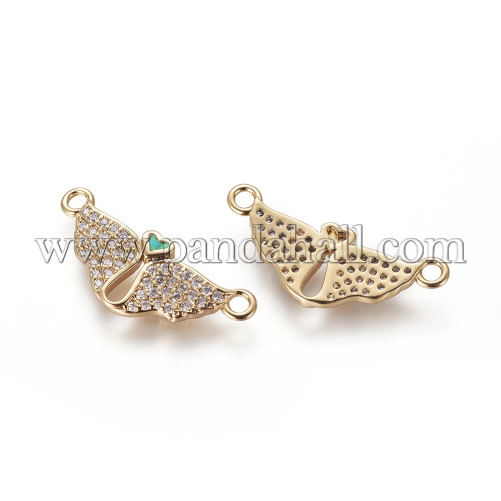 Brass Cubic Zirconia Links, with Synthetic Opal, Wing with Heart, Golden, Green, 9x22x2mm, Hole: 1.6mm