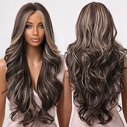 Brown Wigs for Women Long Curly Wig with Blonde Highlights Middle Part Synthetic Wig ChristmasPartyWigs Lightinthebox