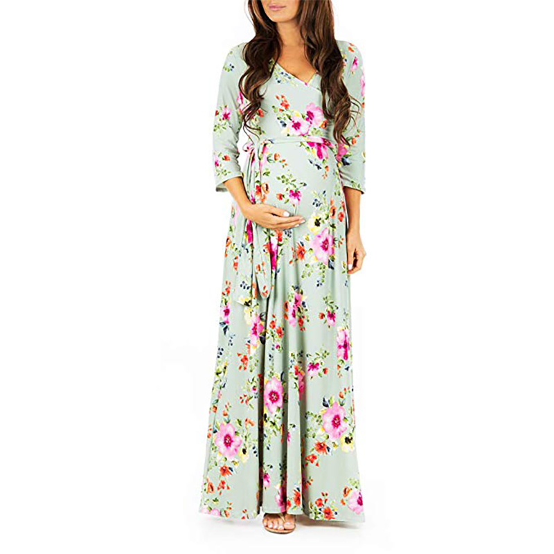 Elegant Floral Print Crop-Sleeve Maternity Maxi Dress