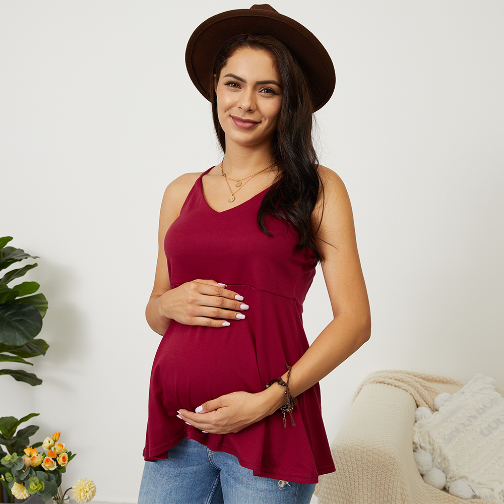 Maternity V-neck Plain Red Tank Tops
