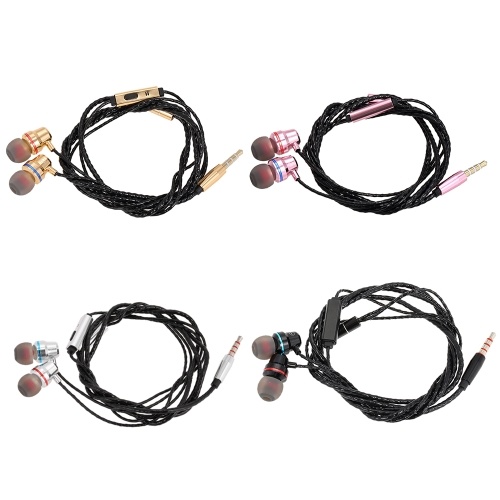 3.5mm Metal Wired Headphone In-Ear Headset Stereo Music Smart Phone Earphone Earpiece In-line Control Hands-free with Microphone Black