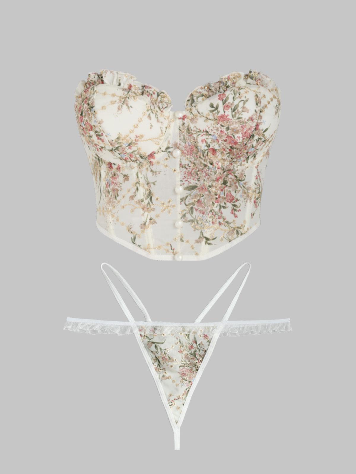 Boned Detail Floral Print Embroidered Detail Mock Button Thong Lingerie Set M Light yellow
