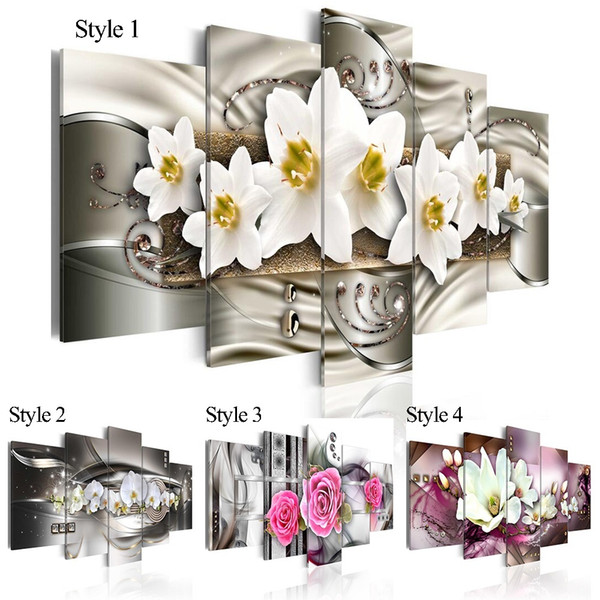 5 pieces fashion wall art canvas painting mangnolia flower orchid flower modern home decoration,choose color:4 and size :3(no frame)