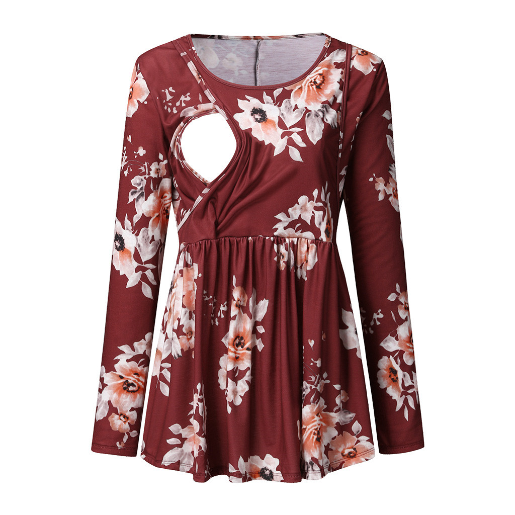 Fashionable Floral Print Round Neck  Long-sleeve Nursing Tee