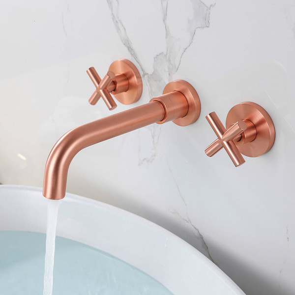 100% solid brass black double handles bathroom faucet wall mounted basin tap brushed gold & rose & chrome bathtub water mixer
