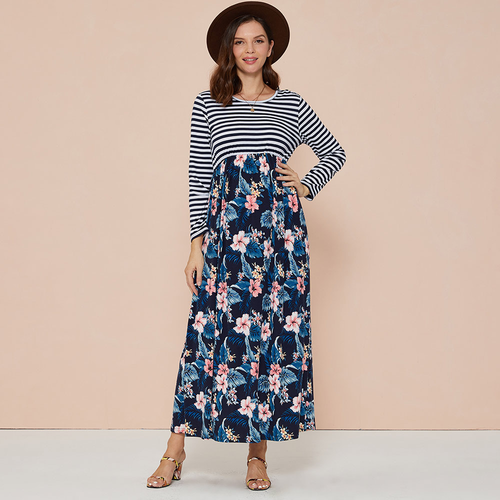 Maternity Round collar Floral full print Dark Blue/white Maxi Tunic Long-sleeve Nursing Dress