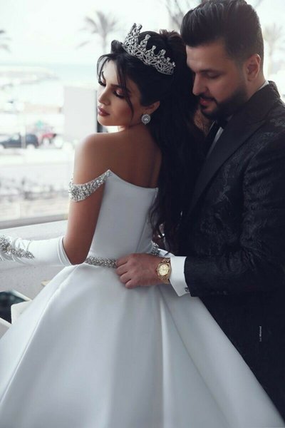 Vintage 2021 New Es Bridal Gowns Off the Shoulder Crystals Beading Belt Saudi Arabic Wedding SZ8L