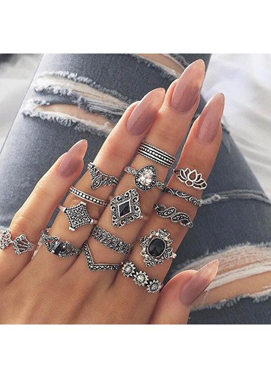 Silver Metal Geometric Design Ring Set