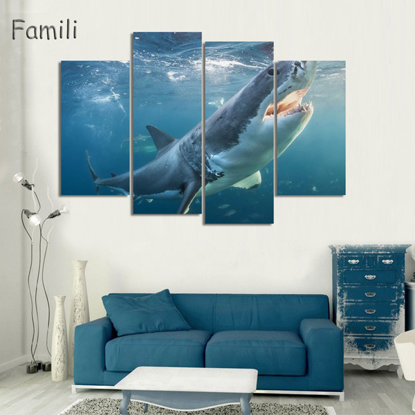 4pcs canvas painting hd ocean shark picture modern home wall art decoration print painting for house decorate unframed