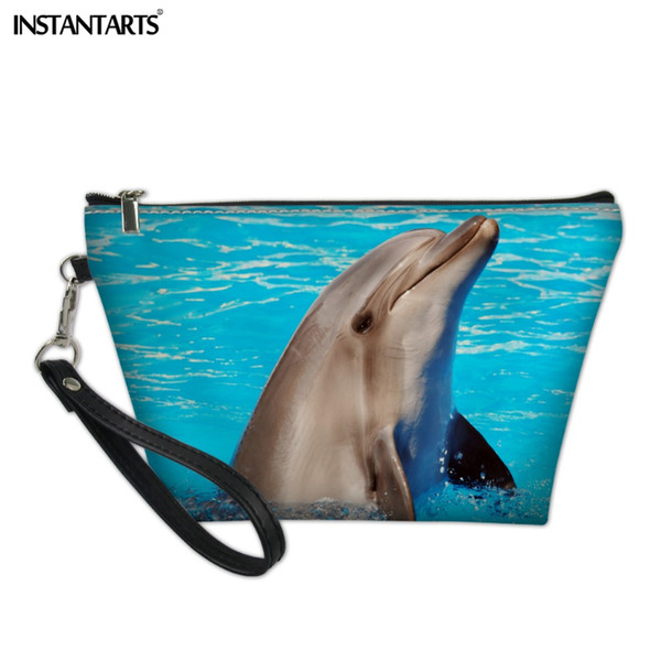 instantarts 2018 fashion cosmetic organizer case makeup handbags ocean dolphin print personalized custom pu pouch bag for ladies