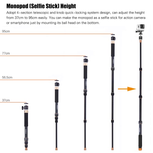 Andoer Q148B Portable Photography Aluminum Alloy Camera Monopod Also As Selfie Stick 4-Section Telescopic Twist-Locking System 32cm-95cm Adjustable Height for DSLR Camera ILDC Max Load Capacity 4kg