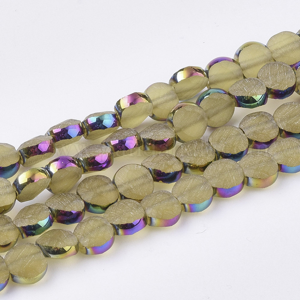 Electroplate Glass Beads Strands, Multi-color Plated, Frosted and Faceted, Flat Round, DarkKhaki, 5.5~6x3.5~4mm, Hole: 1mm; about 98~100pcs/strand, 22''