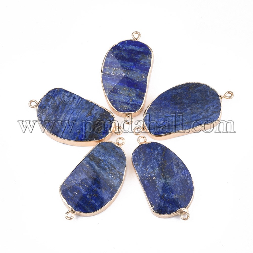 Electroplate Natural Lapis Lazuli Links/Connectors, with Iron Findings, Golden, 45~46x23.5x7~9mm, Hole: 1.8mm