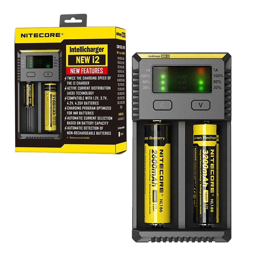 Nitecore i2 Multi Intelligent, Fast 2 Bay Battery Charger for AA, AAA NiMH, Li-ion, Vape Batteries etc.