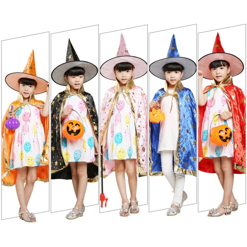 Kids Witch Wizard Cloak Hat Set Shinng Stars Pattern Halloween Role Play Cape Robe Costume for Boys Girls Blue