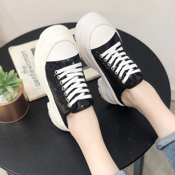 Women Canvas Shoes Female 2020 New Spring Platform Thick Sole Low Up Dad White Shoes Increase Wedge Casual Sneakers