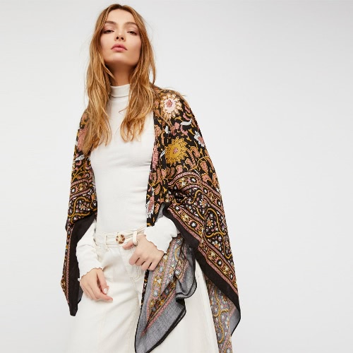 Vintage Women Chiffon Kimono Cardigan Ethnic Boho Print Loose Long Outerwear Beachwear Bikini Cover Up Rose/Blue/Coffee