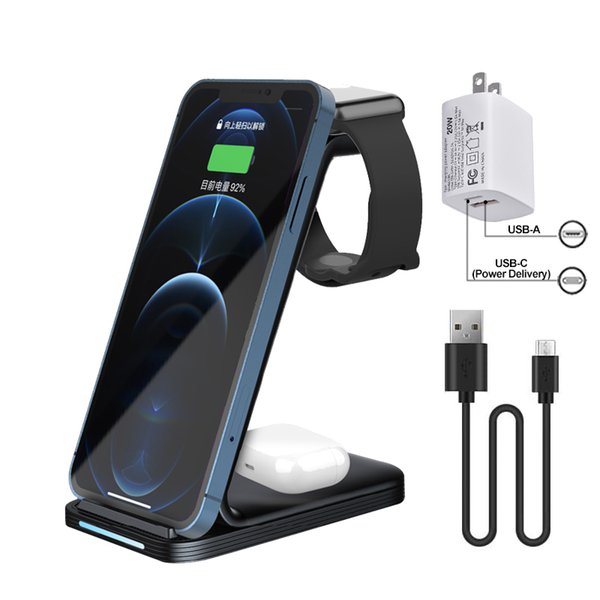 3 IN 1 Wireless Charger Station and 38W Wall Adapter Date Cable For Watch Bluetooth Earphone Headset 15W Qi Fast Charging Cell Phone Holder