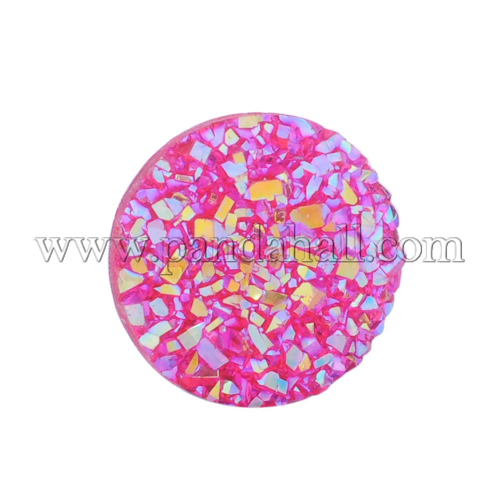 Resin Cabochons, Imitation Druzy Agate, Flat Round, AB Color Plated, Magenta, 12x3mm