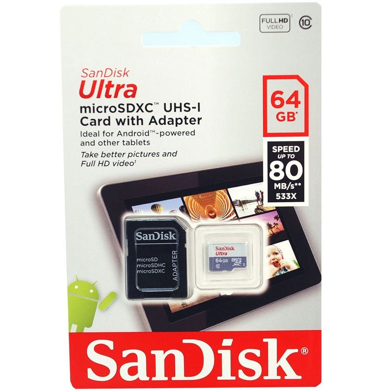 SanDisk 64GB Ultra Micro SD Card (SDXC) UHS-I + Adapter - 80MB/s