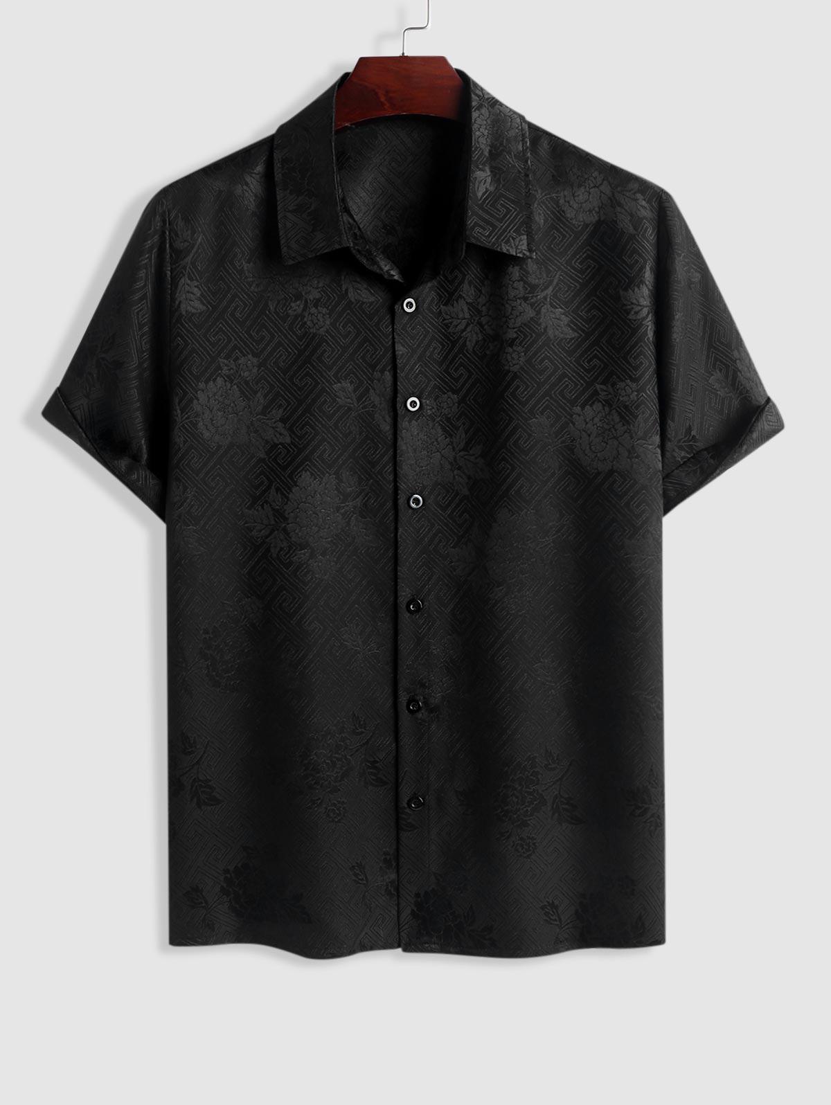 ZAFUL Men's ZAFUL Jacquard Rose Pattern Satin Textured Short Sleeves Shirt Xl Black