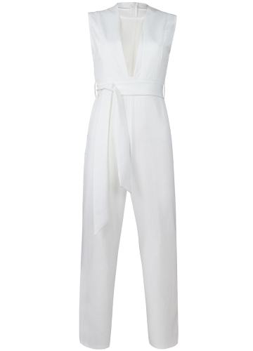 Sexy Women Jumpsuit Plunge Sheer Mesh Sleeveless Waist Tie Zipper Back Long Pants Slim Fit Playsuits Rompers