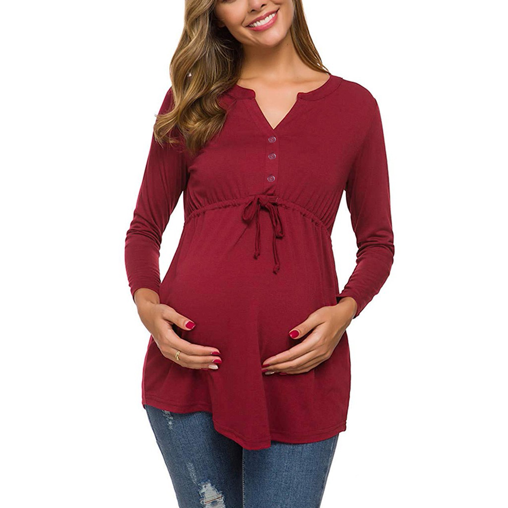 Maternity V-neck Plain Long-sleeve Nursing Tee