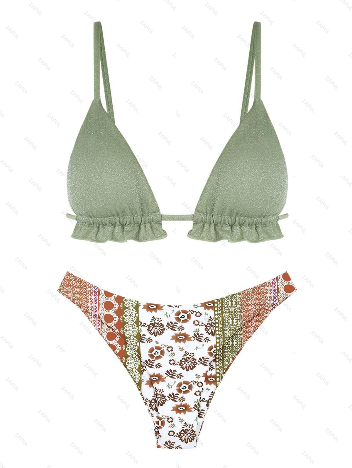 Ruffles Metallic Ethnic Printed Boho Cheeky Bikini Swimwear M Green