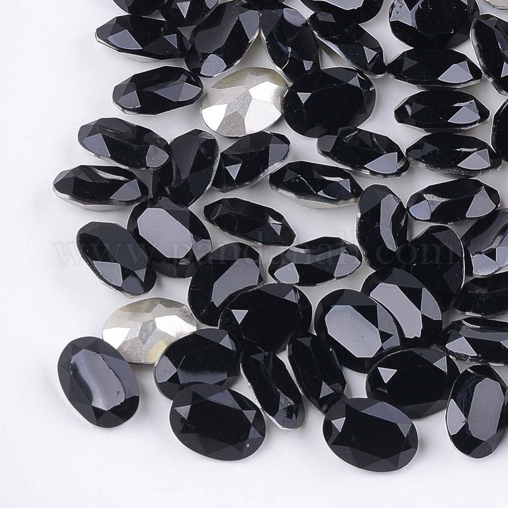 Pointed Back Resin Rhinestone Cabochons, Back Plated, Faceted, Oval, Jet, 9.5~10x7.5~8x4.5mm; about 450pcs/bag