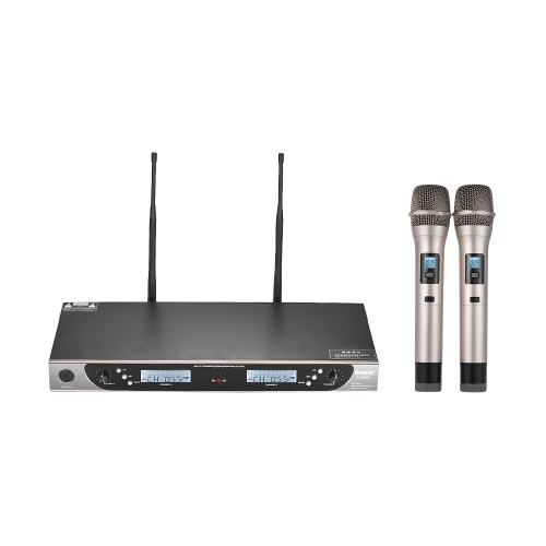 UHF Wireless Microphone System 2 Handheld Mics + 1 Receiver with Dual LCD display for Karaoke Business Meeting Speech Home Entertainment