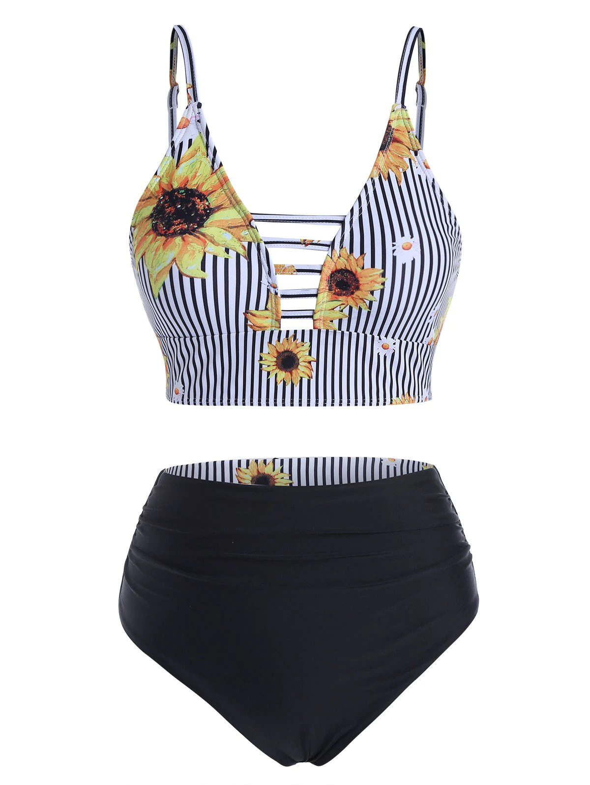 Sunflower Striped Ladder Cutout Ruched Reversible Tankini Swimwear