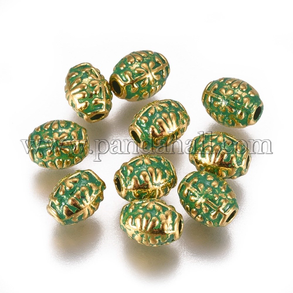 Alloy Beads, Oval, Golden & Green Patina, 6.8x5.5mm, Hole: 1.6mm