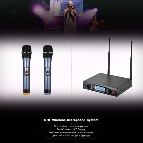 Professional Digital UHF Wireless Handheld Microphone Mic System Dual Channels LCD Display Receiver 2 Microphones for Stage Karaoke Meeting Party