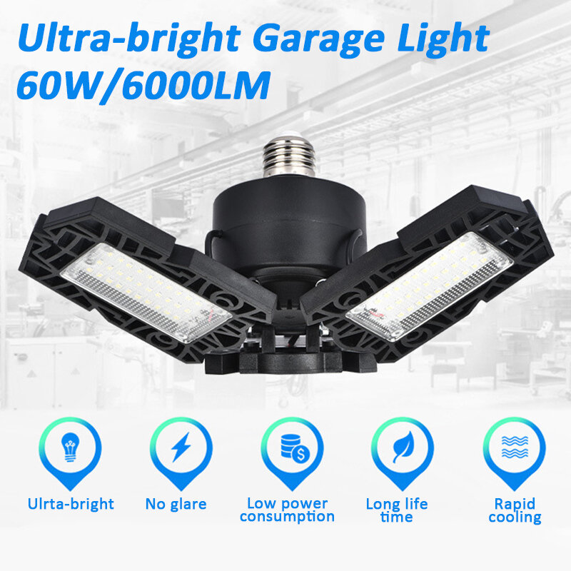 E27 60W 6000LM LED Garage Light Foldable Ceiling Fixture Workshop Deformable Lamp AC85-265V