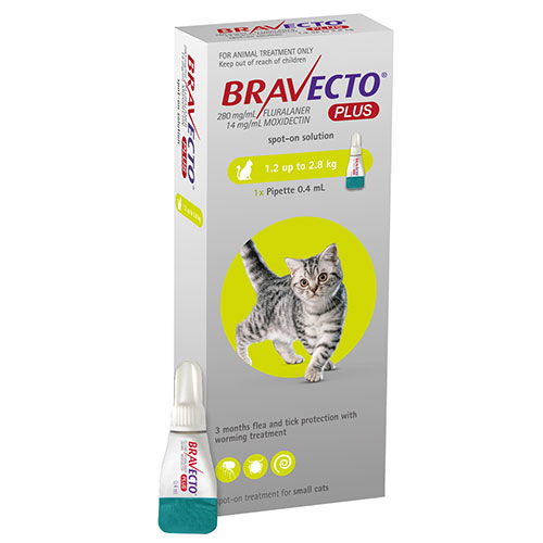Bravecto Plus For Small Cats 112 Mg (2.6 To 6.2 Lbs) Green 3 Doses