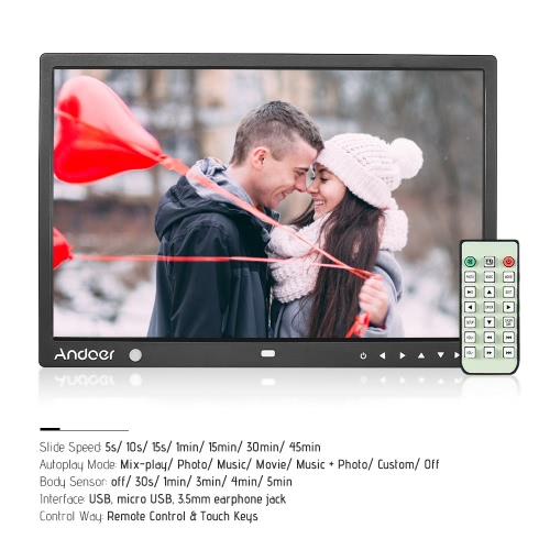 Andoer 15 Inch Large Screen LED Digital Photo Frame Desktop Album 1280 * 800 HD Music/ Video/ eBook/ Clock/ Calendar Functions with Motion Detection Sensor Touch Keys Support   Remote Control