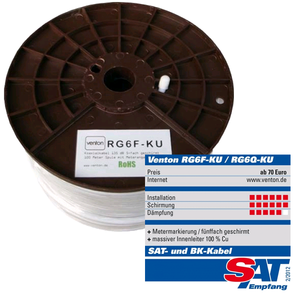 Venton Koaxial Sat Kabel RG6F-KU 135dB 5-fach geschirmt High Quality 500m