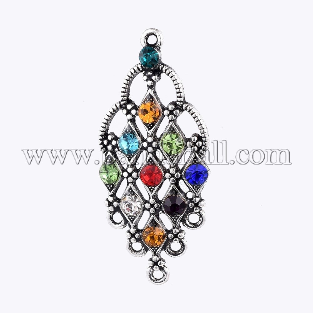 Tibetan Style Alloy Chandelier Component Links, with Rhinestone(Random Color), Antique Silver, Colorful, 42x18.5x3mm, Hole: 1.5mm