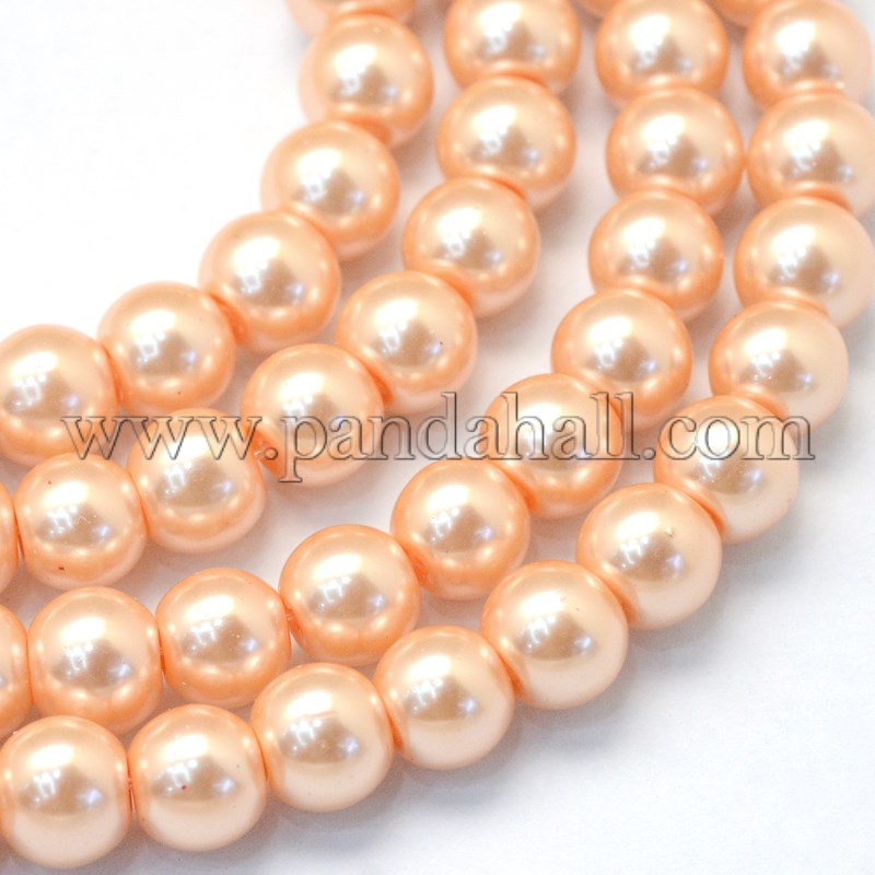 Baking Painted Pearlized Glass Pearl Round Bead Strands, LightSalmon, 8~9mm, Hole: 1mm; about 105pcs/strand, 31.4