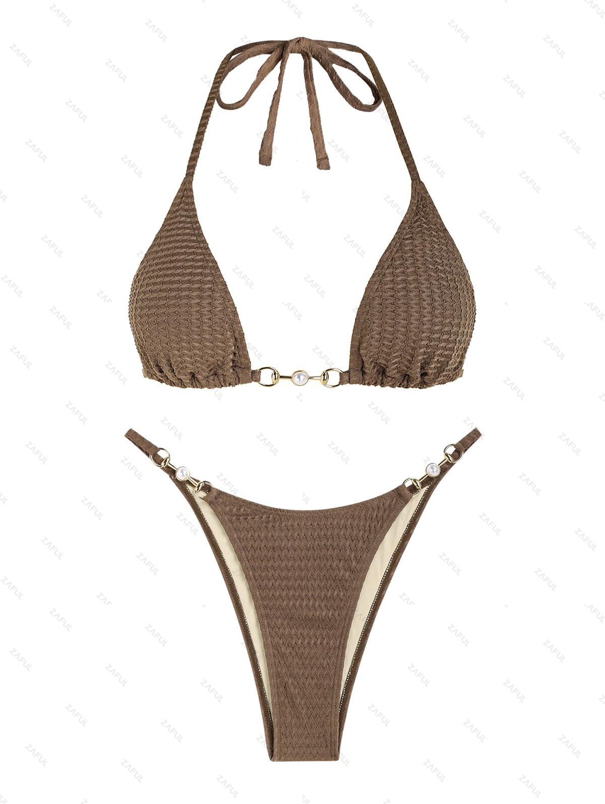 ZAFUL Metal Hardware Textured Faux Pearls String Triangle Bikini Swimwear M Coffee