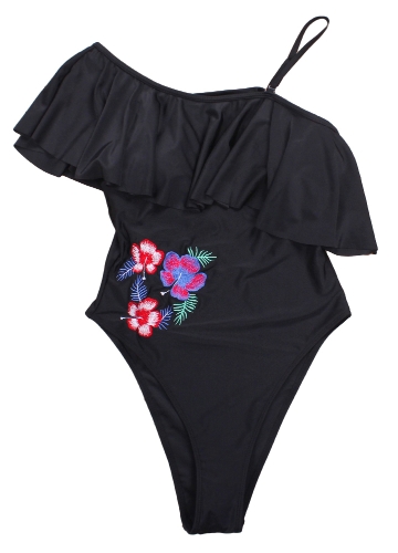 Women One Piece Swimsuit One Shoulder Floral Embroidered Ruffle Padded Push Up Sexy Monokini Black